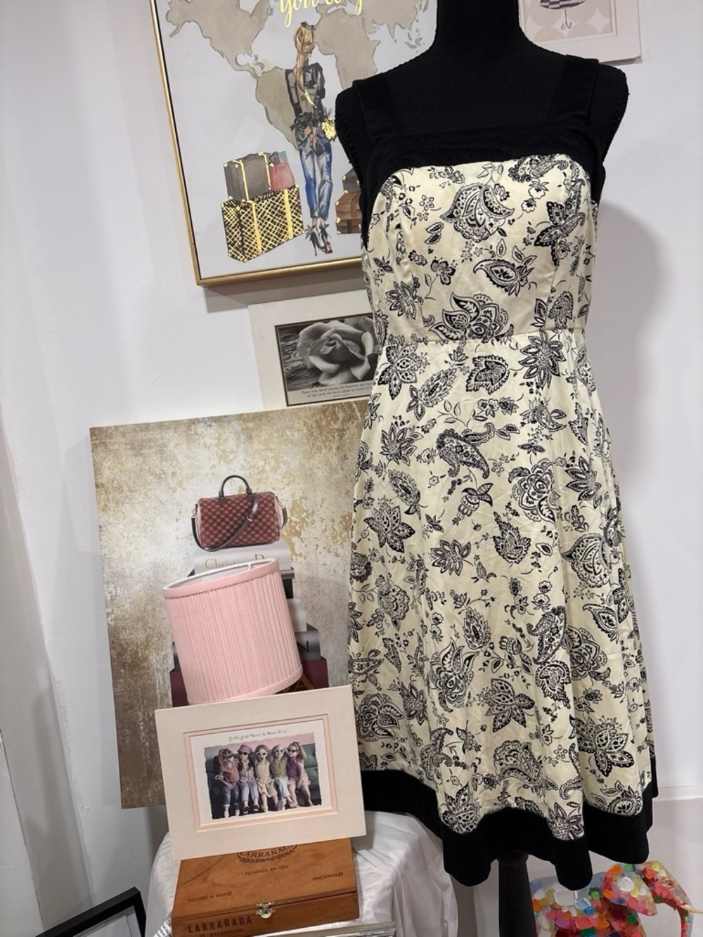 R&K Black & Cream Paisley Fit-and-Flare Midi Dress